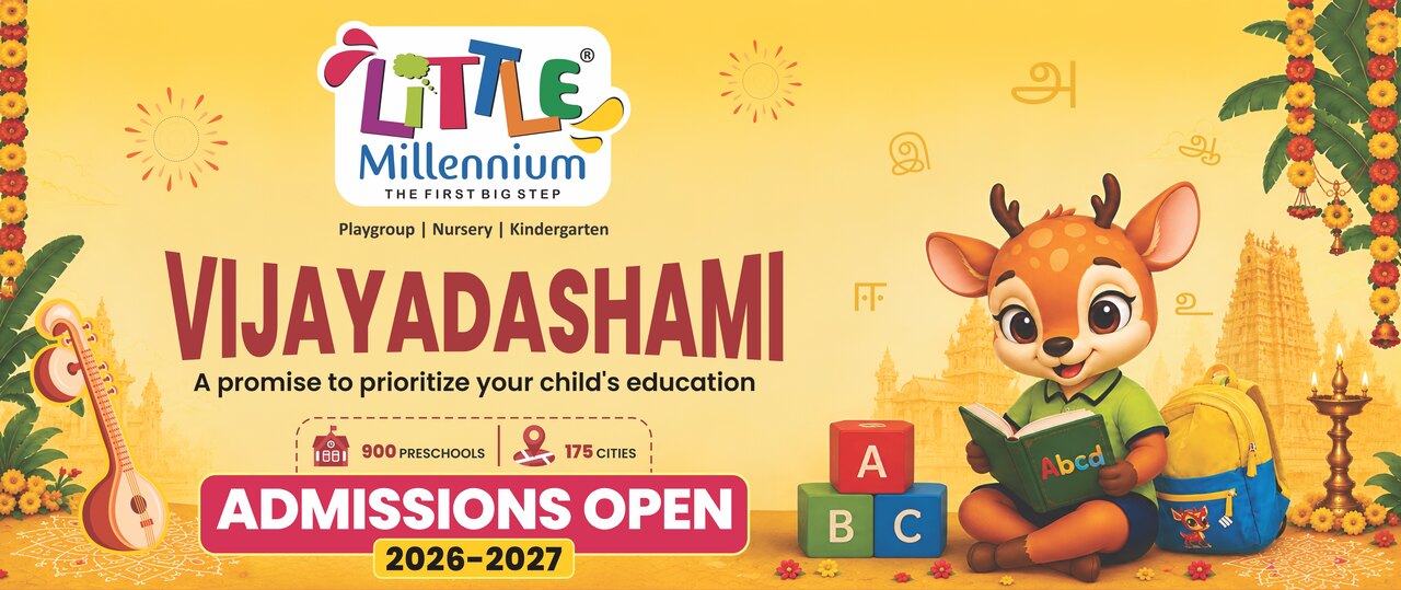 Vijayadashami — a promise to prioritize your child's education. Little Millennium: Playgroup, Nursery, Kindergarten. Admissions open 2026-2027.